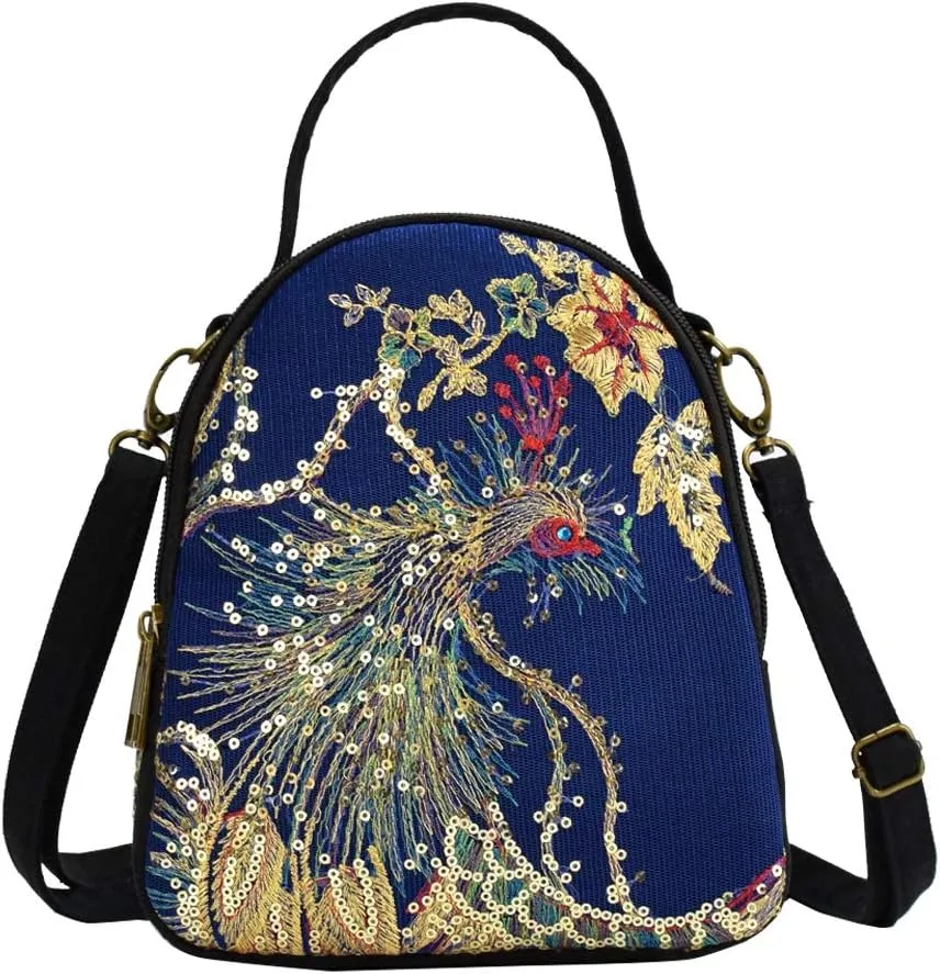 Vintage Canvas Boho Crossbody Purse Phoenix Sequin Shoulderbag for Women Cell Phone Wallets