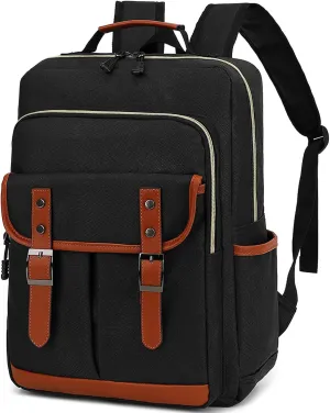 Vintage Laptop Backpack for Women Men, Travel Business Casual Daypack, Black, Fits 15.6 Inch Laptop