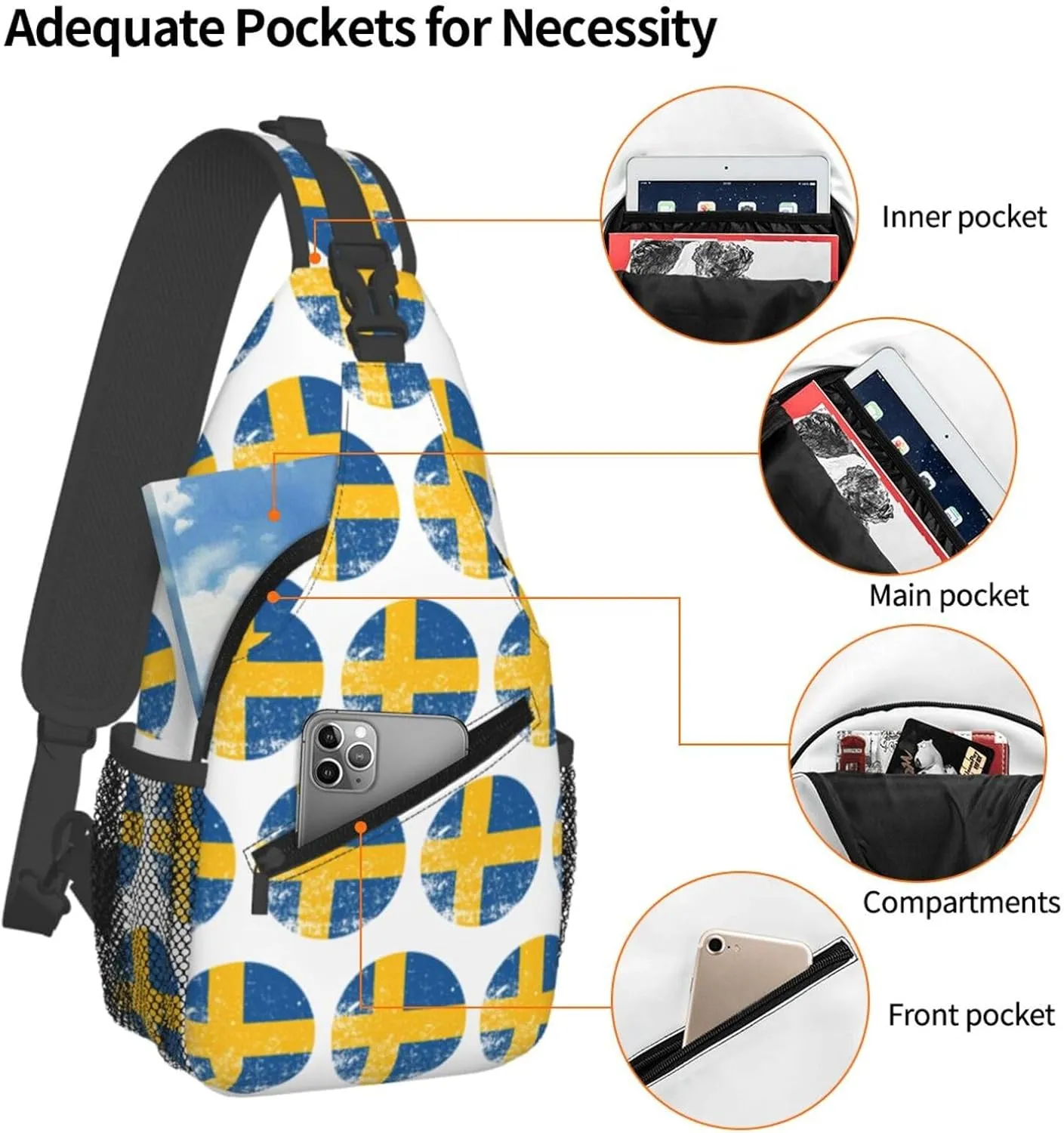 Vintage Swedish Sweden Flag Crossbody Bags Sling Backpack Cross Chest Bag Sports Shoulder Bag Gym Fanny Pack Adjustable Cycling Daypack Diagonally Rucksack for Running