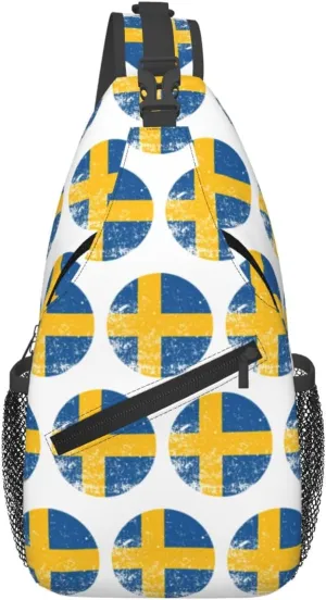 Vintage Swedish Sweden Flag Crossbody Bags Sling Backpack Cross Chest Bag Sports Shoulder Bag Gym Fanny Pack Adjustable Cycling Daypack Diagonally Rucksack for Running