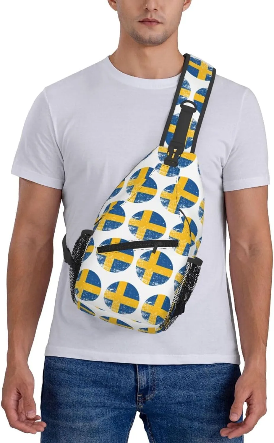 Vintage Swedish Sweden Flag Crossbody Bags Sling Backpack Cross Chest Bag Sports Shoulder Bag Gym Fanny Pack Adjustable Cycling Daypack Diagonally Rucksack for Running