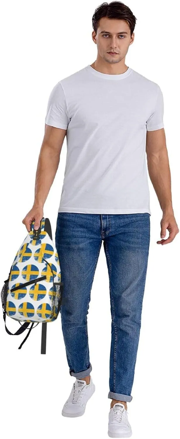 Vintage Swedish Sweden Flag Crossbody Bags Sling Backpack Cross Chest Bag Sports Shoulder Bag Gym Fanny Pack Adjustable Cycling Daypack Diagonally Rucksack for Running