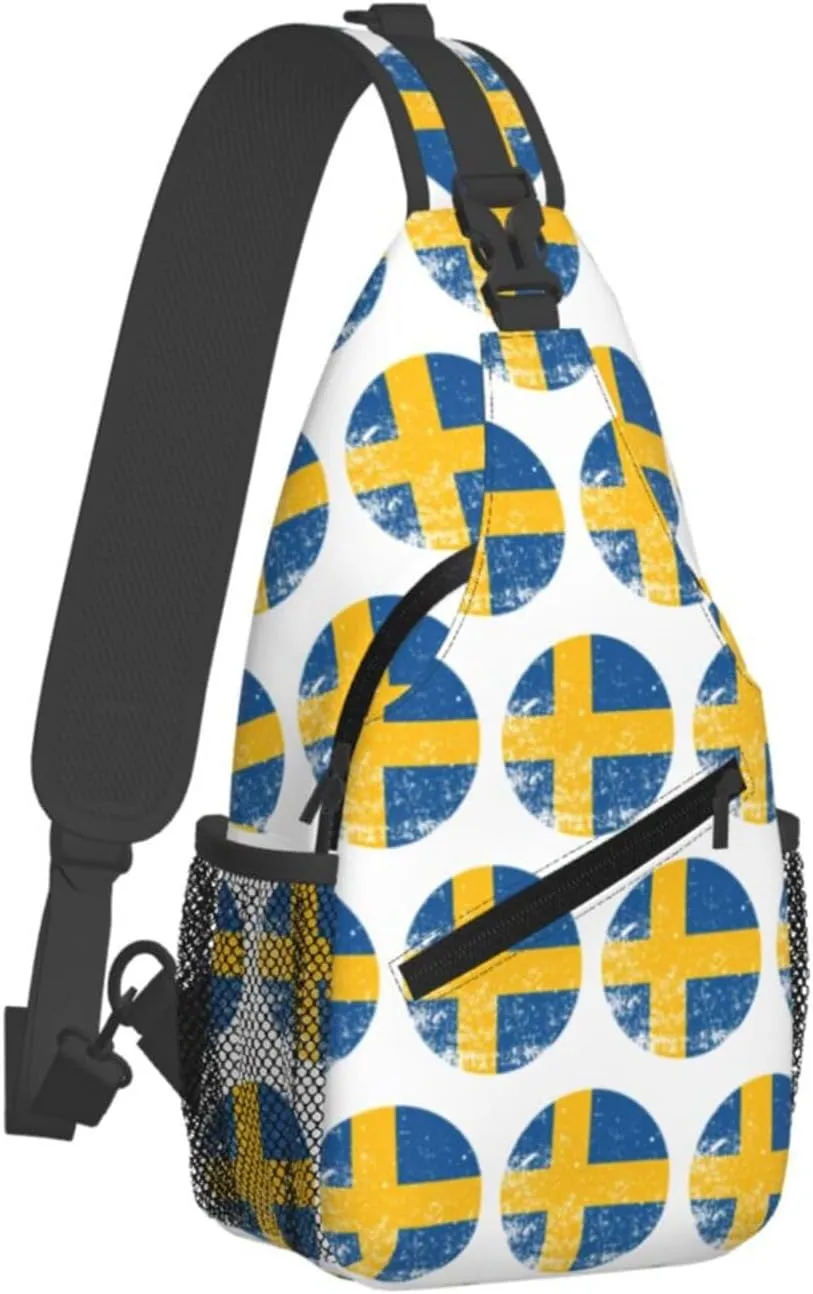 Vintage Swedish Sweden Flag Crossbody Bags Sling Backpack Cross Chest Bag Sports Shoulder Bag Gym Fanny Pack Adjustable Cycling Daypack Diagonally Rucksack for Running