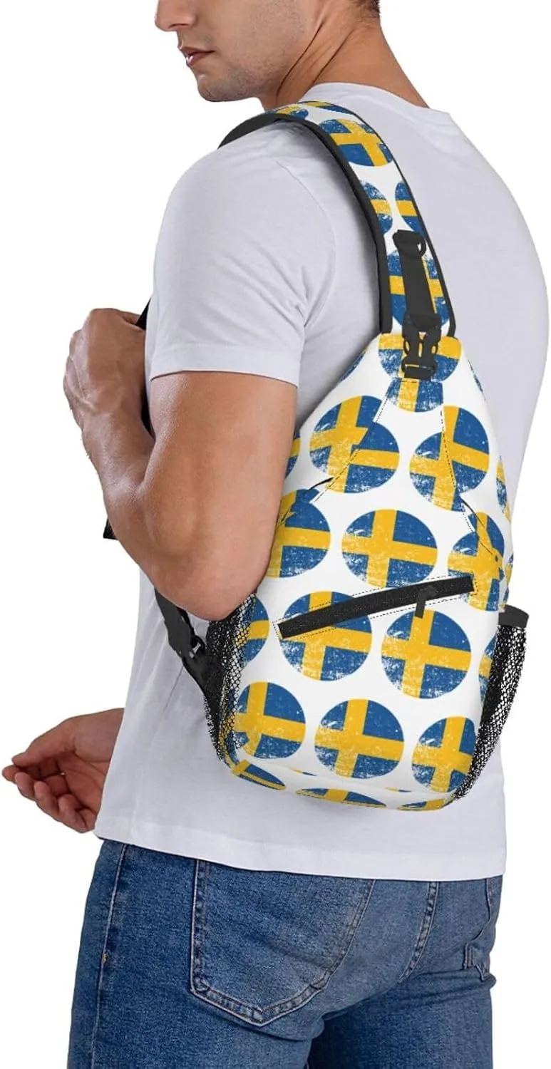 Vintage Swedish Sweden Flag Crossbody Bags Sling Backpack Cross Chest Bag Sports Shoulder Bag Gym Fanny Pack Adjustable Cycling Daypack Diagonally Rucksack for Running