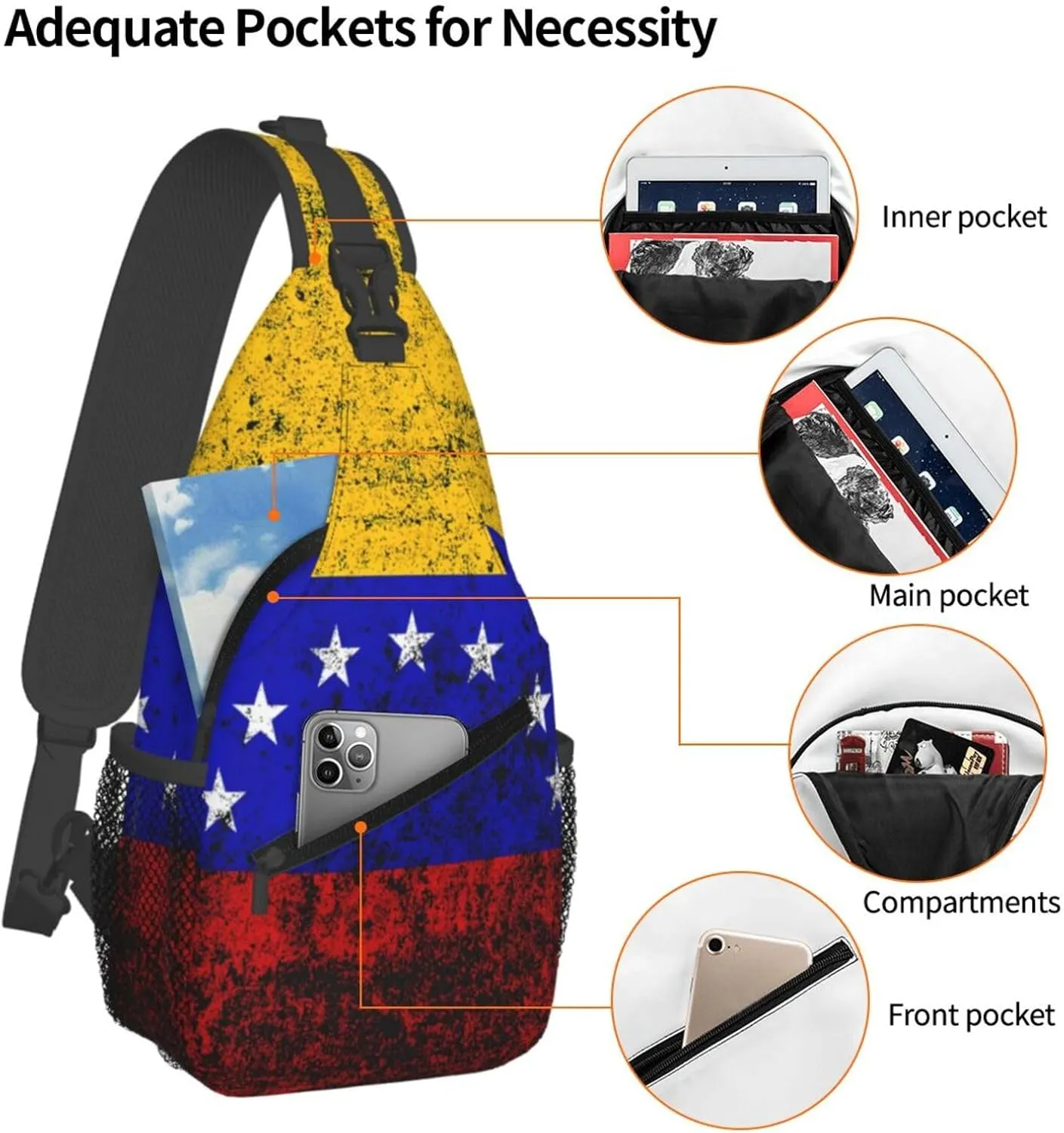 Vintage Venezuelan Venezuela Flags Crossbody Bags Sling Backpack Cross Chest Bag Sports Shoulder Bag Gym Fanny Pack Adjustable Cycling Daypack Diagonally Rucksack for Running