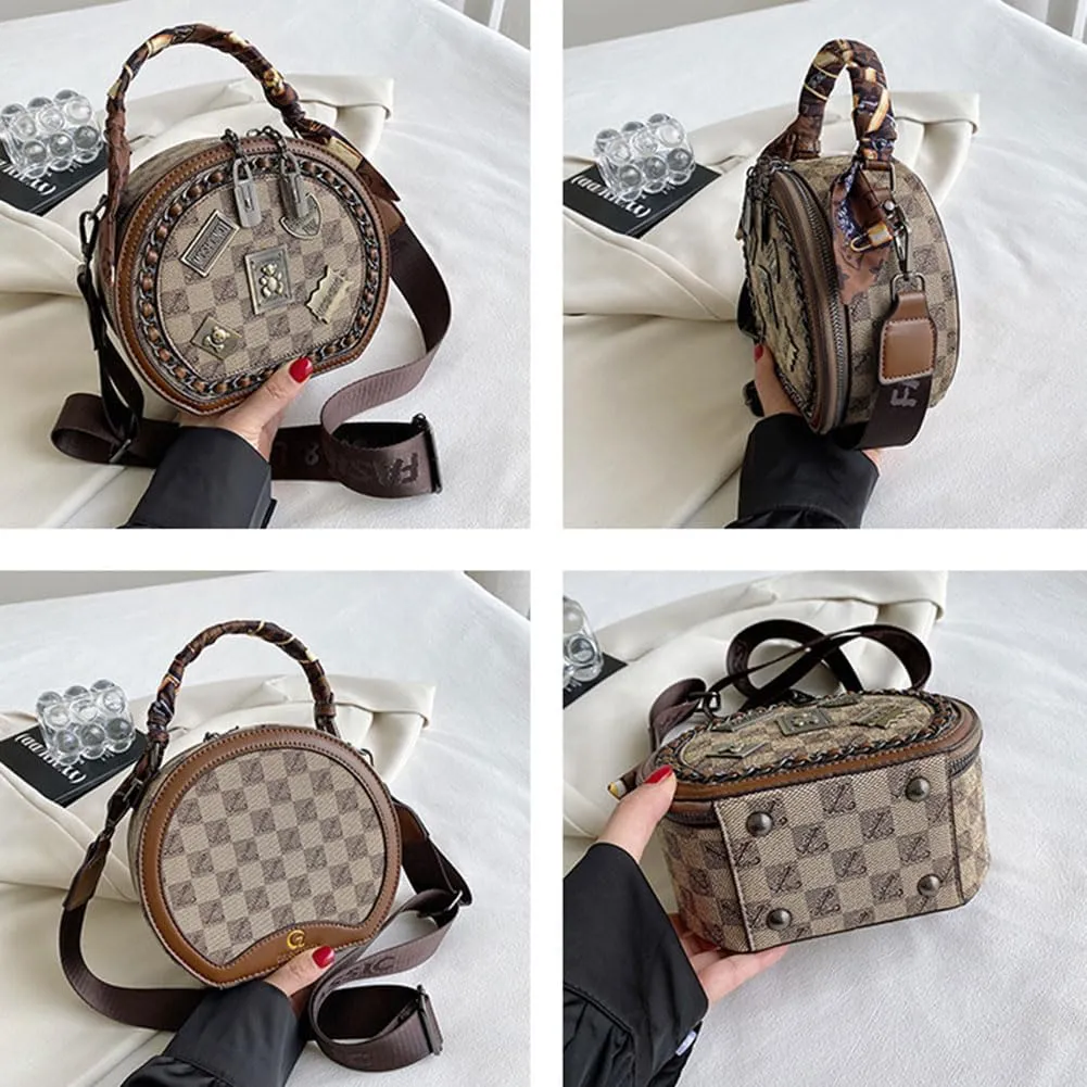 Vintage Women's Bag,Round Crossbody Bag, Shoulder Crossbody Circle Tote Bag, Large Capacity Purse Handbag