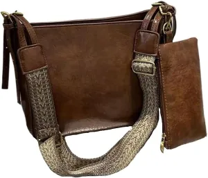 Vintage women's large capacity crossbody bag, fashionable 2-piece handbag wallet, adjustable guitar strap (Dark brown)