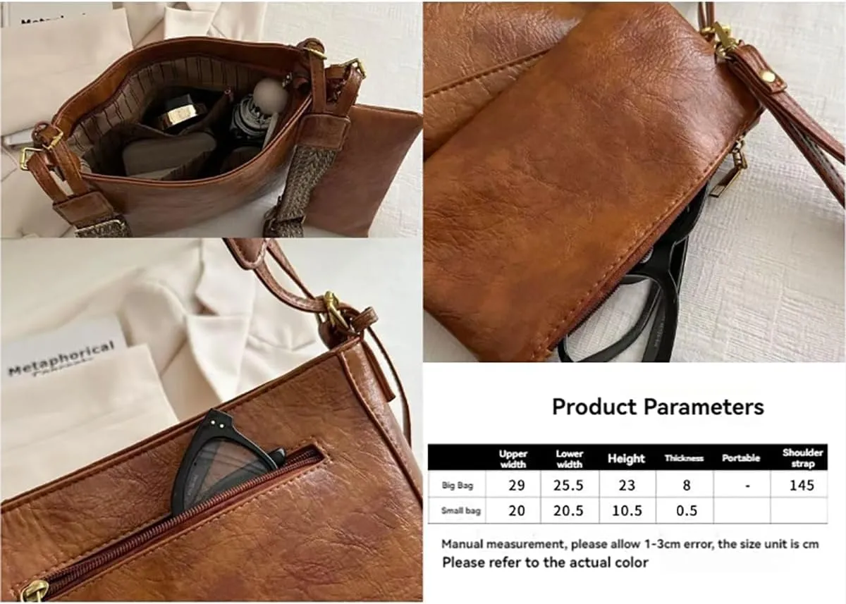 Vintage women's large capacity crossbody bag, fashionable 2-piece handbag wallet, adjustable guitar strap (Dark brown)