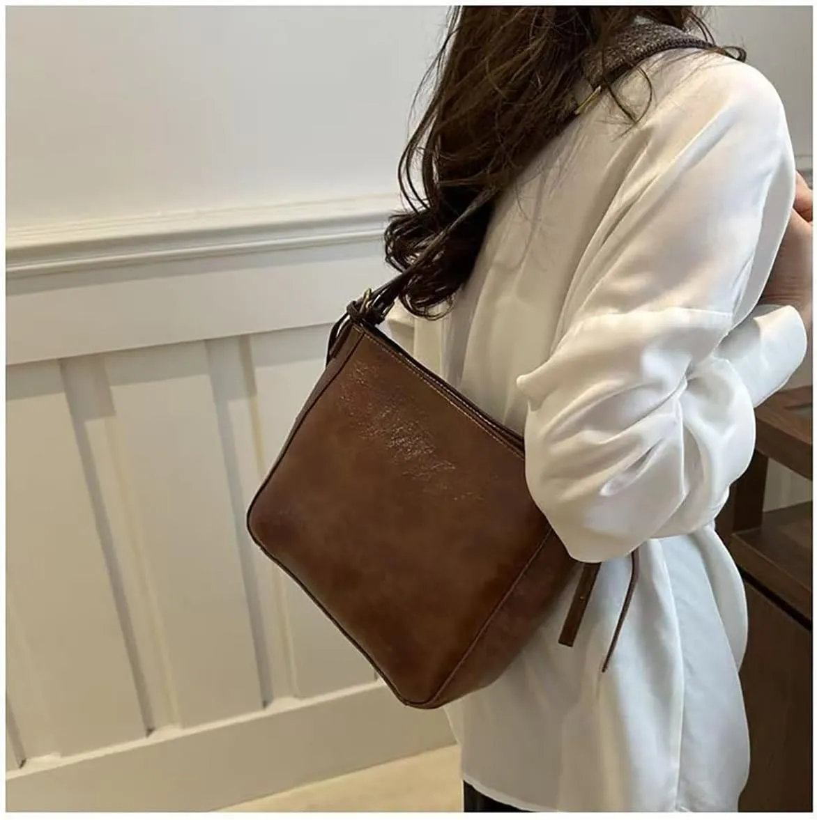 Vintage women's large capacity crossbody bag, fashionable 2-piece handbag wallet, adjustable guitar strap (Dark brown)