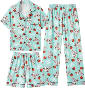 Vopmocld Girls Pajama Sets - 3pcs Button Down Short Sleeve Long Pants With Shorts Sleepwear Cute Patterns Nighty For Teens