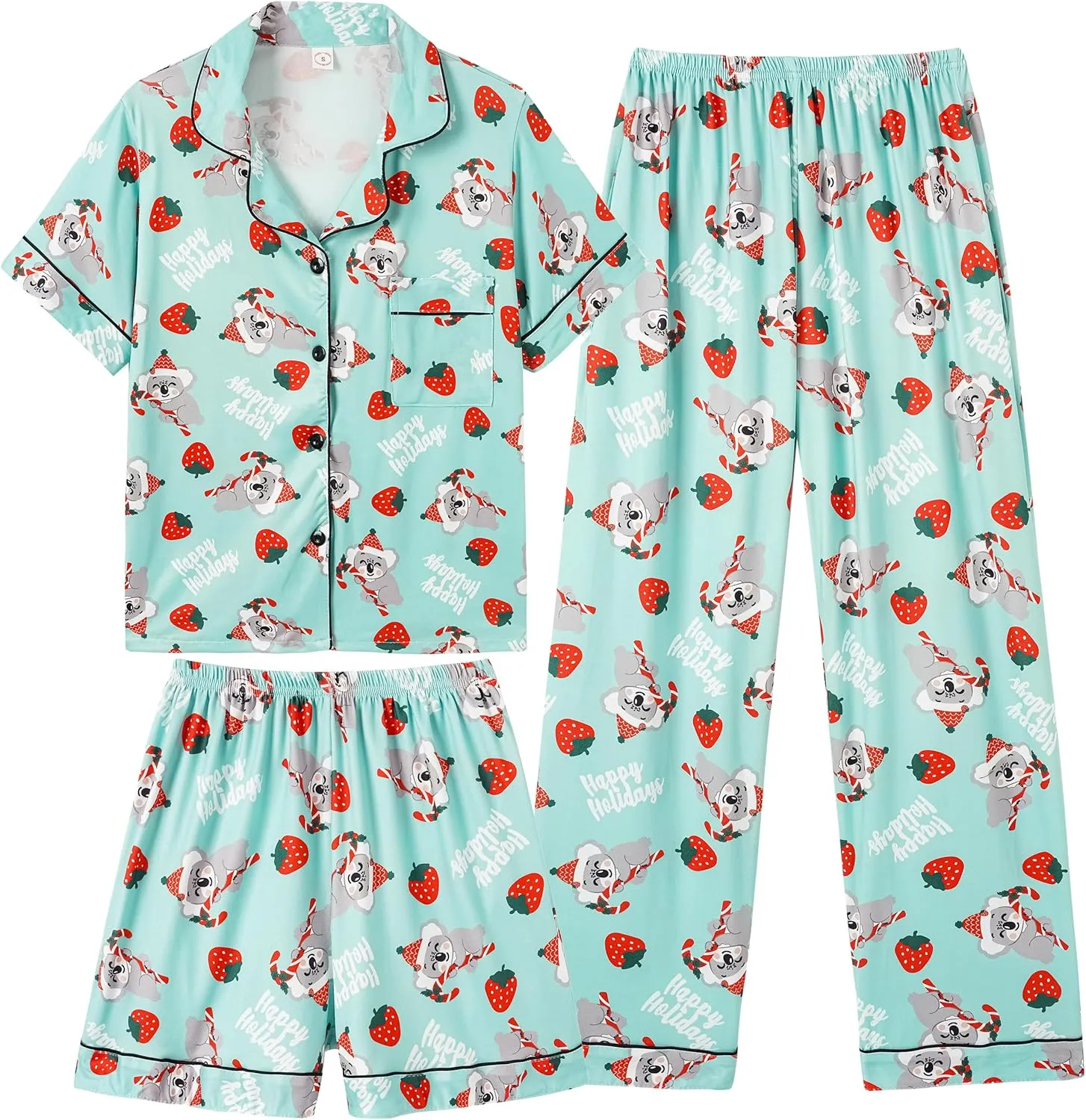 Vopmocld Girls Pajama Sets - 3pcs Button Down Short Sleeve Long Pants With Shorts Sleepwear Cute Patterns Nighty For Teens