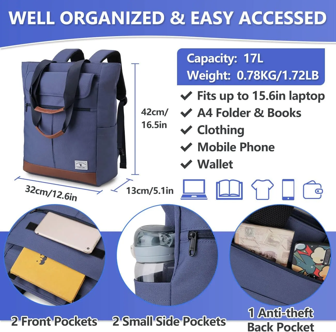 VX VONXURY Backpack for Women, 15.6 Inch Laptop Bag Water Resistant Convertible Backpack Purse for Work Travel (Blue-15Inch)