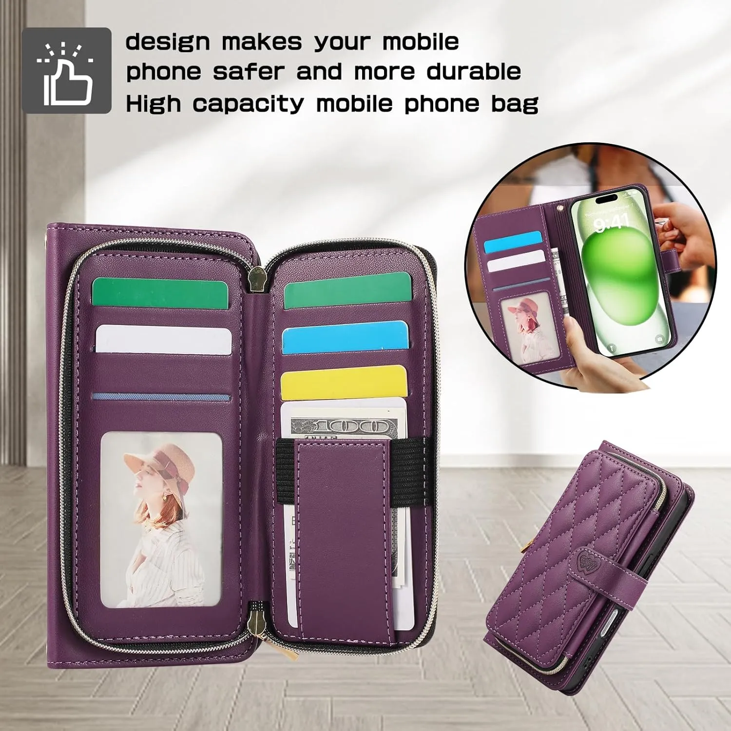 Wallet Case for iPhone 16 Pro 6.3 inch with Zipper Card Holder & Shoulder Strap & Wrist Strap, Crossbody Purse Handbag Stylish Protective Cover for iPhone 16 Pro -Dark Purple