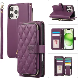 Wallet Case for iPhone 16 Pro 6.3 inch with Zipper Card Holder & Shoulder Strap & Wrist Strap, Crossbody Purse Handbag Stylish Protective Cover for iPhone 16 Pro -Dark Purple