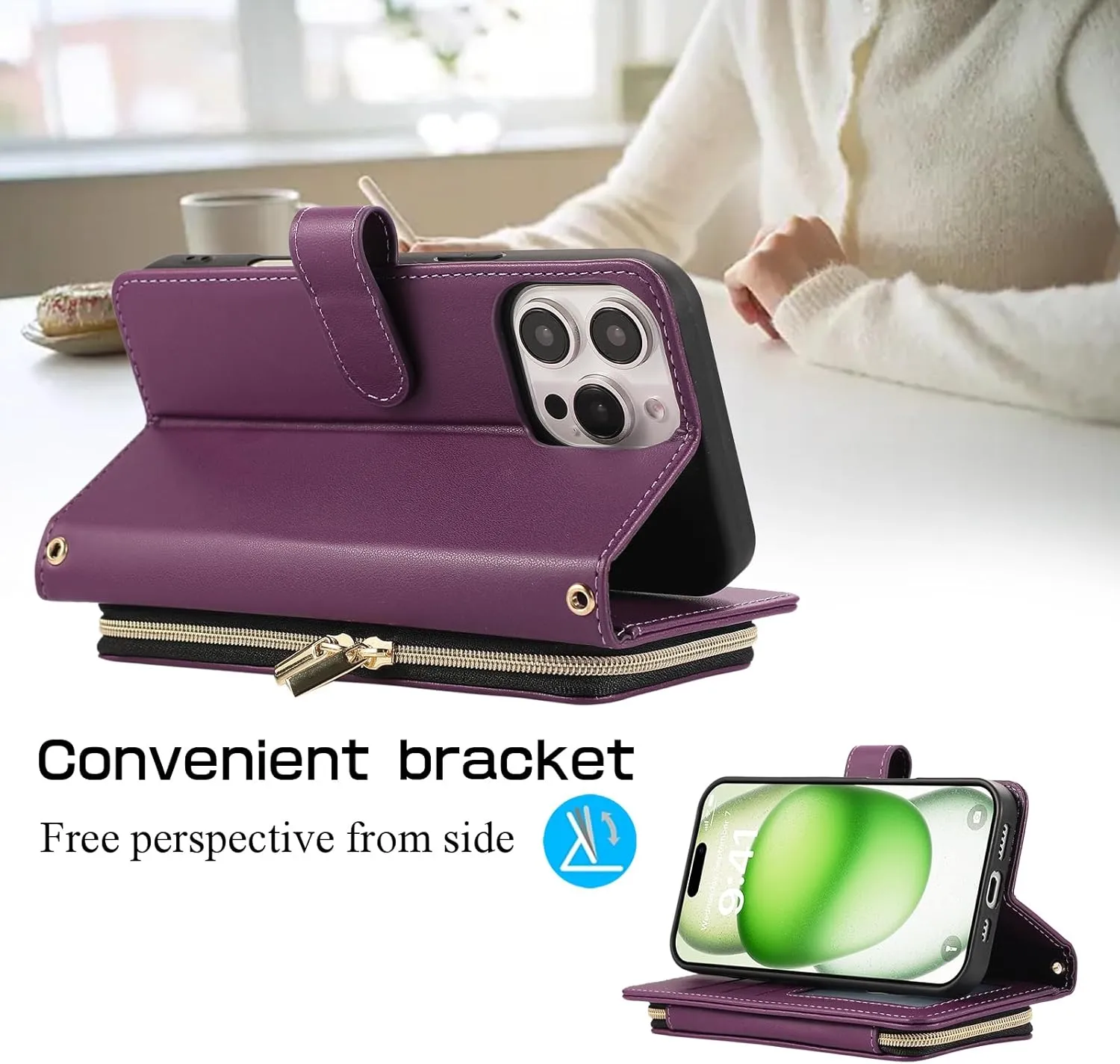 Wallet Case for iPhone 16 Pro 6.3 inch with Zipper Card Holder & Shoulder Strap & Wrist Strap, Crossbody Purse Handbag Stylish Protective Cover for iPhone 16 Pro -Dark Purple
