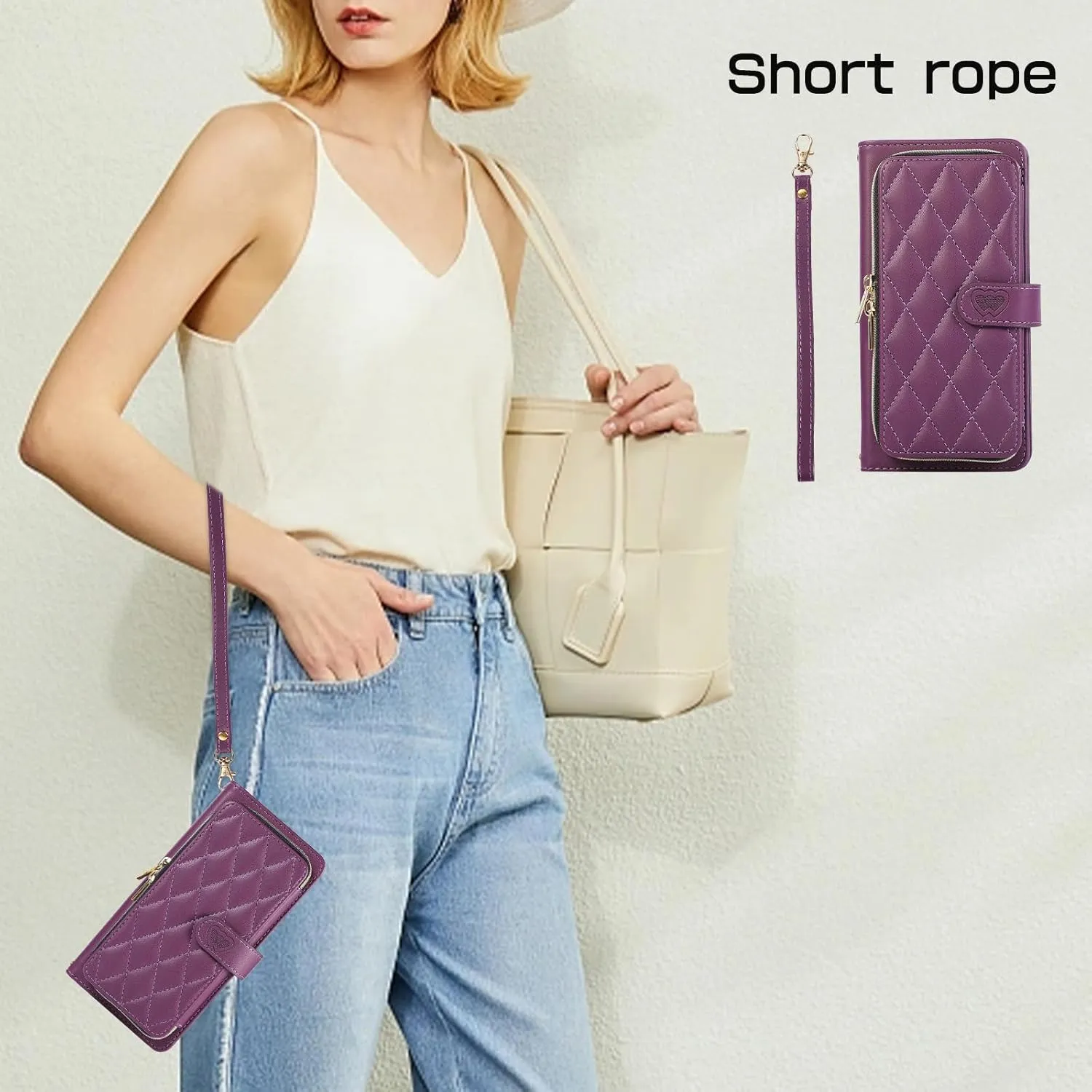 Wallet Case for iPhone 16 Pro 6.3 inch with Zipper Card Holder & Shoulder Strap & Wrist Strap, Crossbody Purse Handbag Stylish Protective Cover for iPhone 16 Pro -Dark Purple