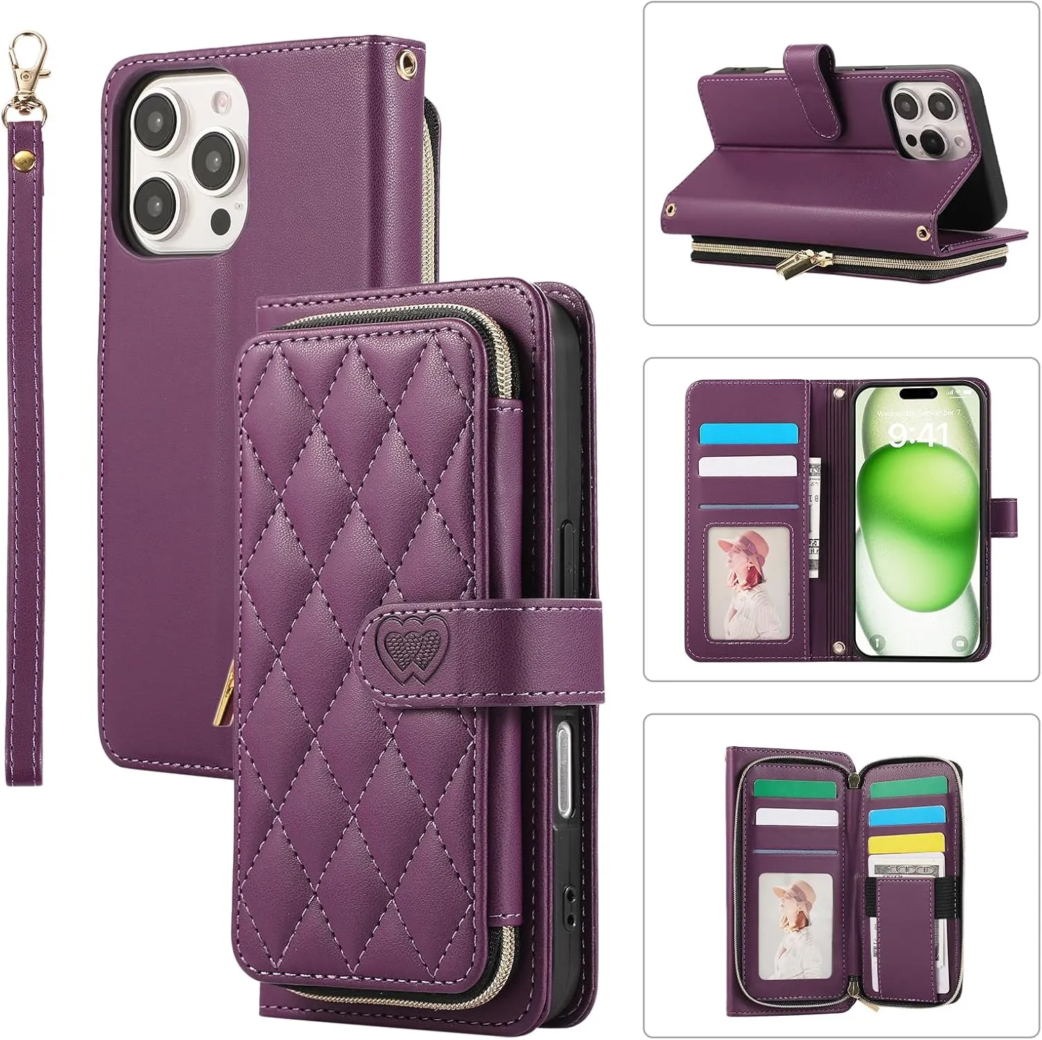Wallet Case for iPhone 16 Pro 6.3 inch with Zipper Card Holder & Shoulder Strap & Wrist Strap, Crossbody Purse Handbag Stylish Protective Cover for iPhone 16 Pro -Dark Purple