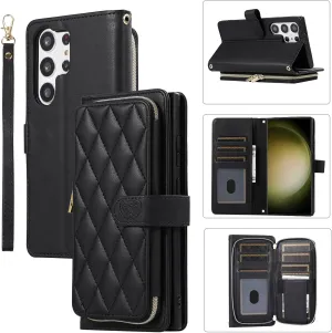 Wallet Case for Samsung Galaxy S23 Ultra 6.8 inch with Zipper Card Holder & Shoulder Strap & Wrist Strap, Crossbody Purse Handbag Stylish Protective Cover for Galaxy S23 Ultra -Black