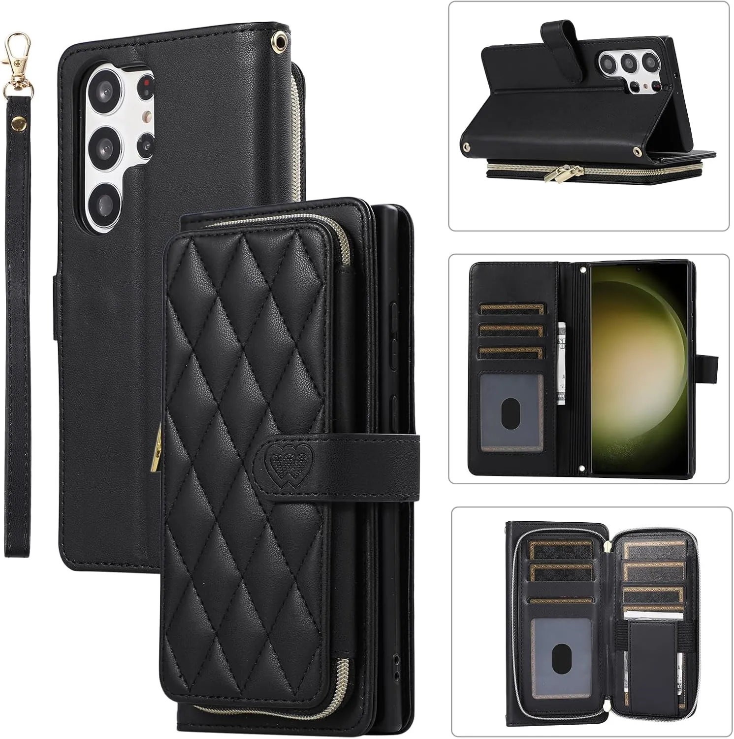 Wallet Case for Samsung Galaxy S23 Ultra 6.8 inch with Zipper Card Holder & Shoulder Strap & Wrist Strap, Crossbody Purse Handbag Stylish Protective Cover for Galaxy S23 Ultra -Black