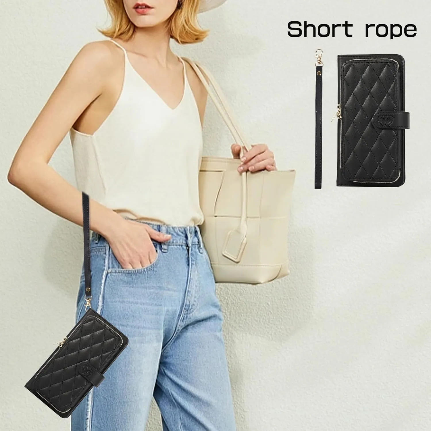 Wallet Case for Samsung Galaxy S23 Ultra 6.8 inch with Zipper Card Holder & Shoulder Strap & Wrist Strap, Crossbody Purse Handbag Stylish Protective Cover for Galaxy S23 Ultra -Black