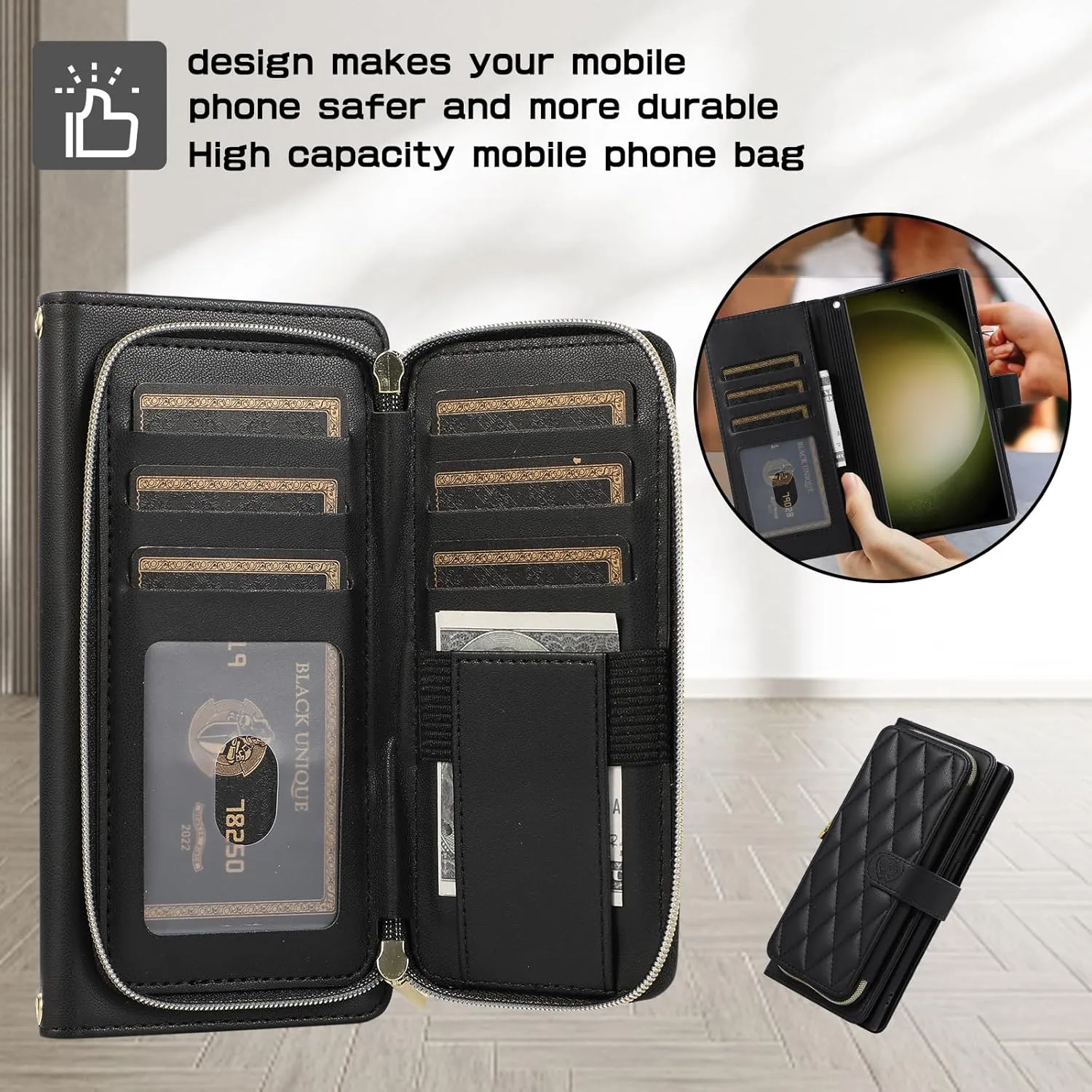 Wallet Case for Samsung Galaxy S23 Ultra 6.8 inch with Zipper Card Holder & Shoulder Strap & Wrist Strap, Crossbody Purse Handbag Stylish Protective Cover for Galaxy S23 Ultra -Black