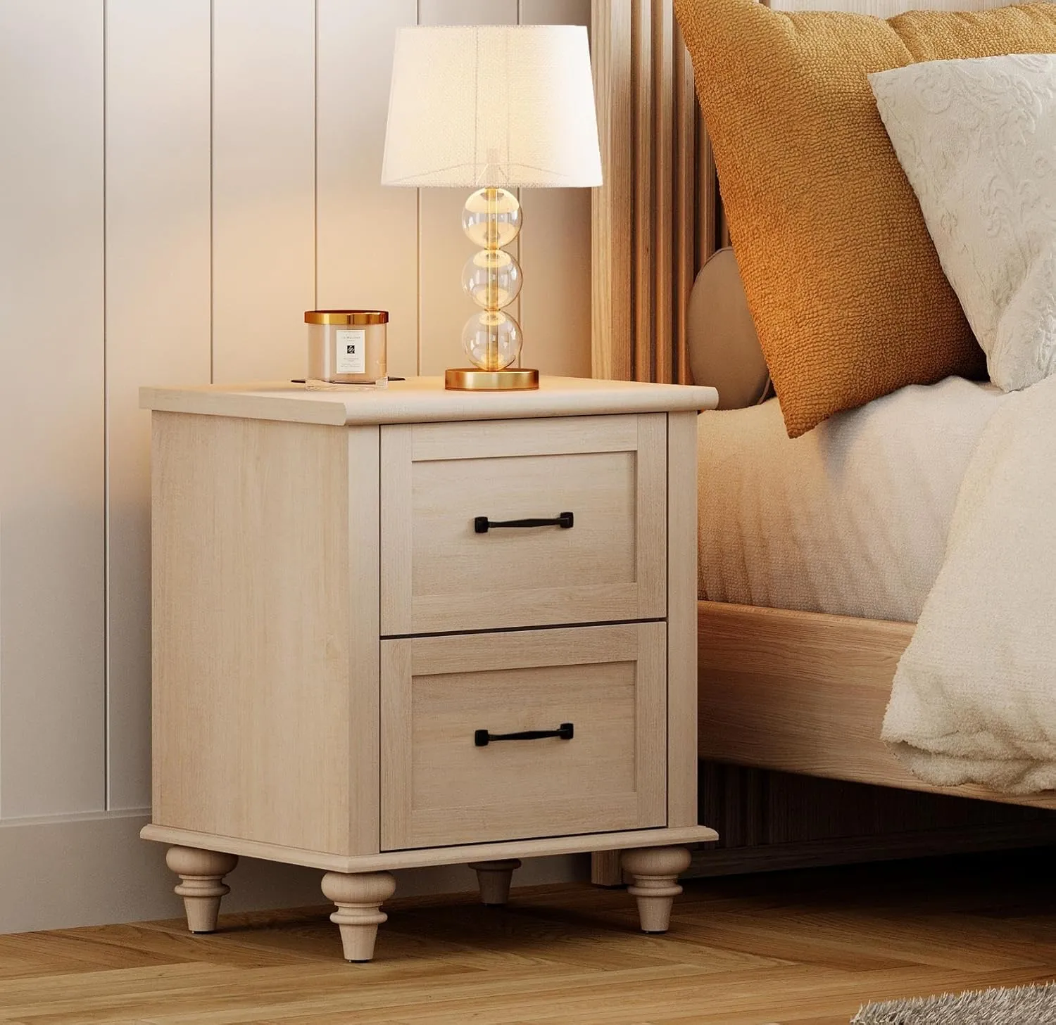 WAMPAT Nightstand Side Table with Charging Station, Beige End Table with 2 Drawers for Living Room, Elegant Night Stand Bedside Table for Bedroom, Dorm