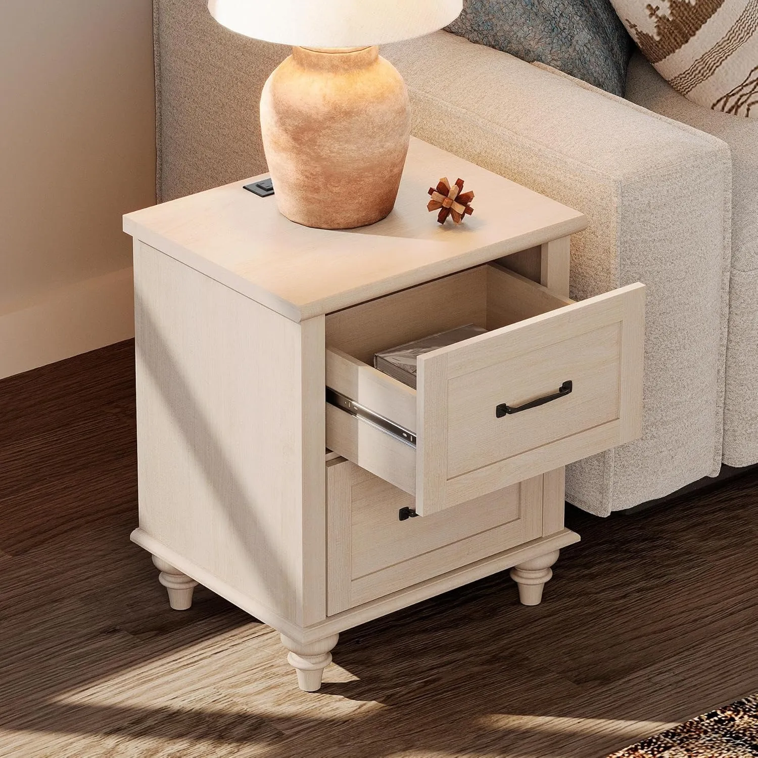 WAMPAT Nightstand Side Table with Charging Station, Beige End Table with 2 Drawers for Living Room, Elegant Night Stand Bedside Table for Bedroom, Dorm