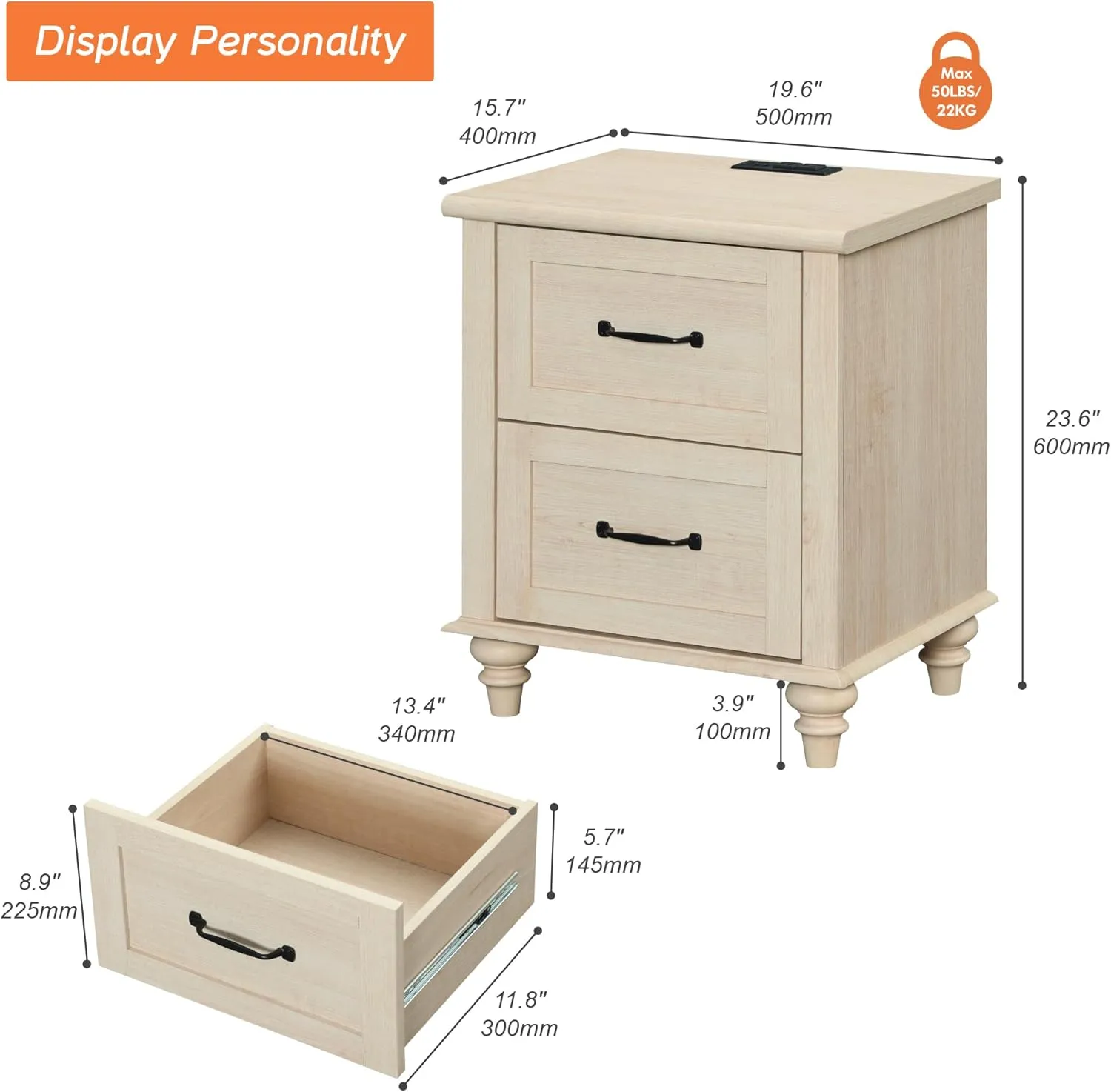 WAMPAT Nightstand Side Table with Charging Station, Beige End Table with 2 Drawers for Living Room, Elegant Night Stand Bedside Table for Bedroom, Dorm