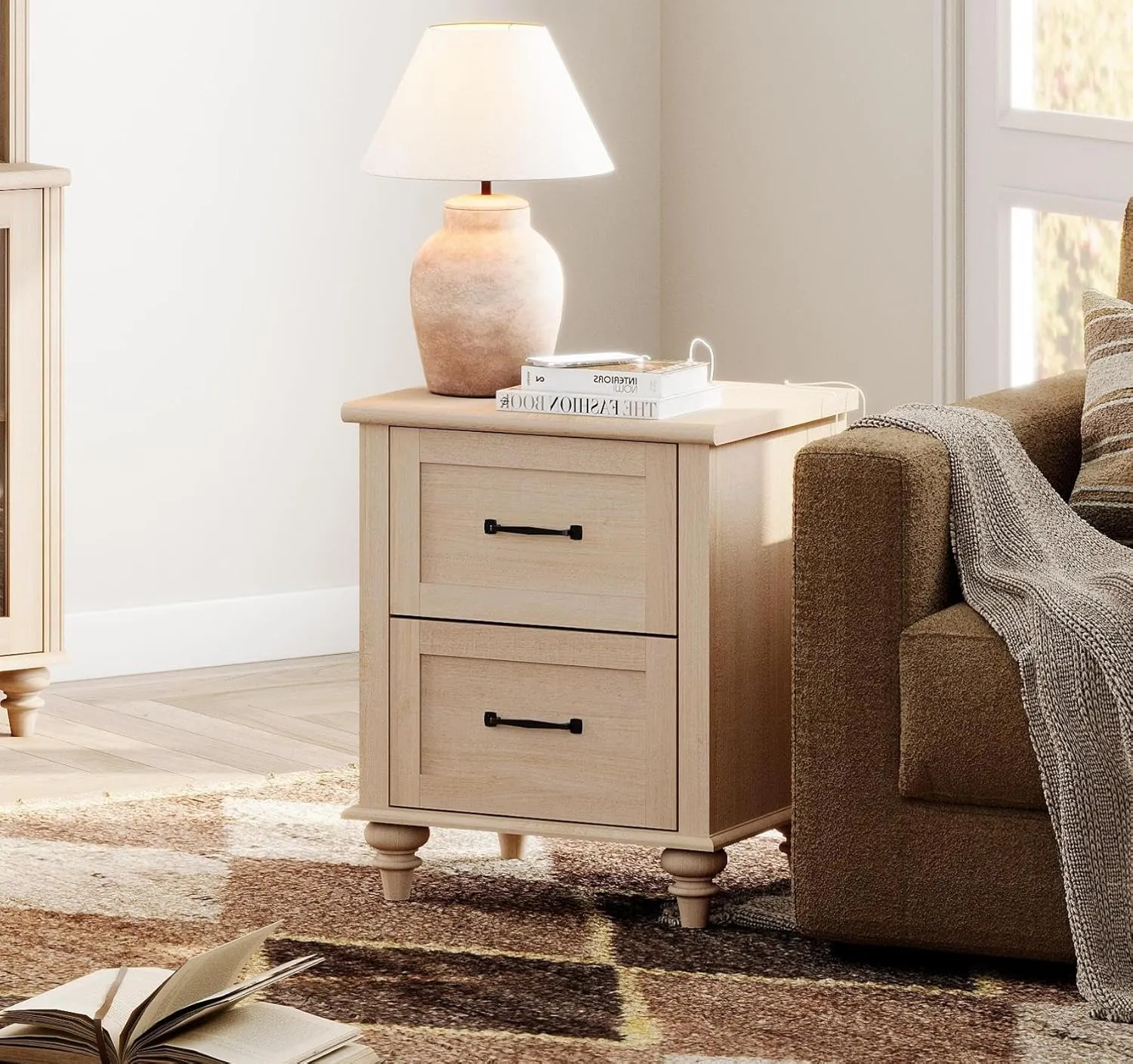 WAMPAT Nightstand Side Table with Charging Station, Beige End Table with 2 Drawers for Living Room, Elegant Night Stand Bedside Table for Bedroom, Dorm