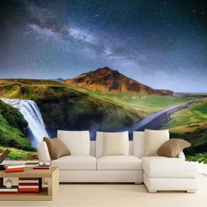 Waterfall Mountains Custom Mural, Prairie Starry Sky Peel and Stick Wallpaper Natural Scenery 3D Poster Photo Wallpaper Bedroom Living Room Background Wall Mural,158"Wx110"H