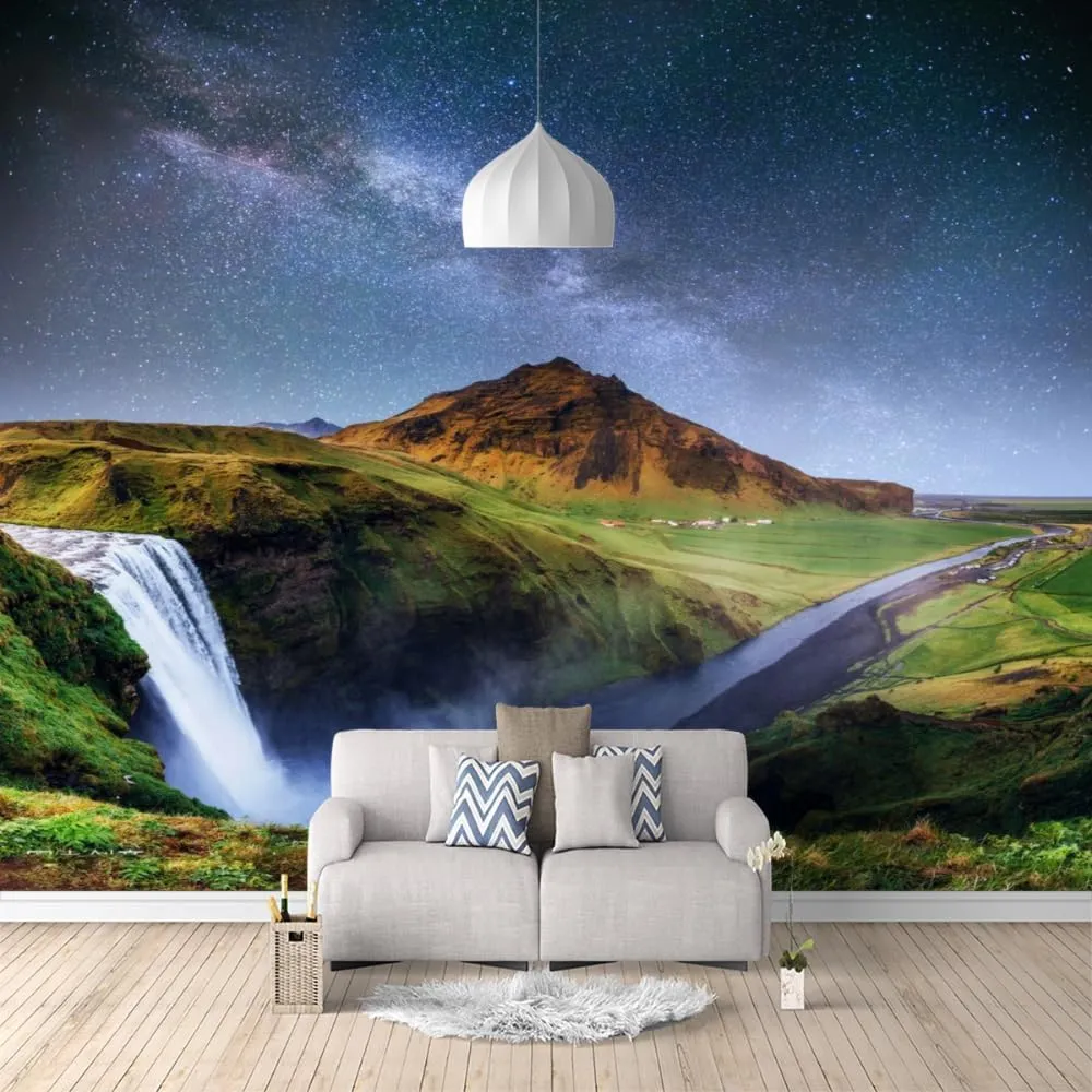 Waterfall Mountains Custom Mural, Prairie Starry Sky Peel and Stick Wallpaper Natural Scenery 3D Poster Photo Wallpaper Bedroom Living Room Background Wall Mural,158"Wx110"H