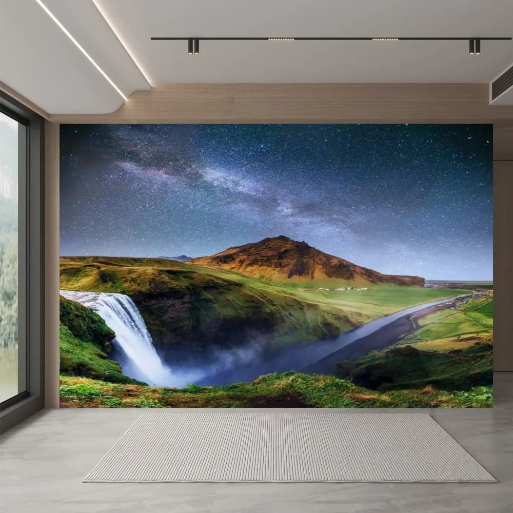 Waterfall Mountains Custom Mural, Prairie Starry Sky Peel and Stick Wallpaper Natural Scenery 3D Poster Photo Wallpaper Bedroom Living Room Background Wall Mural,158"Wx110"H