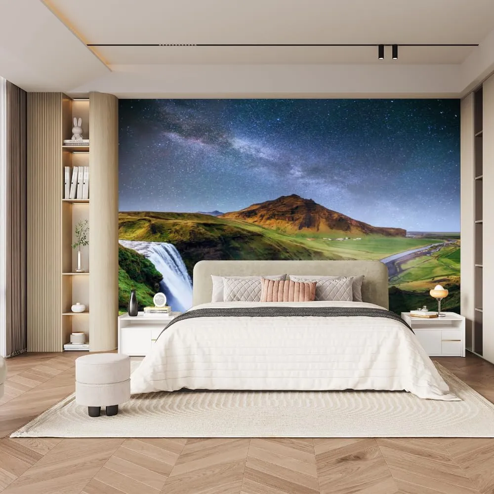 Waterfall Mountains Custom Mural, Prairie Starry Sky Peel and Stick Wallpaper Natural Scenery 3D Poster Photo Wallpaper Bedroom Living Room Background Wall Mural,158"Wx110"H