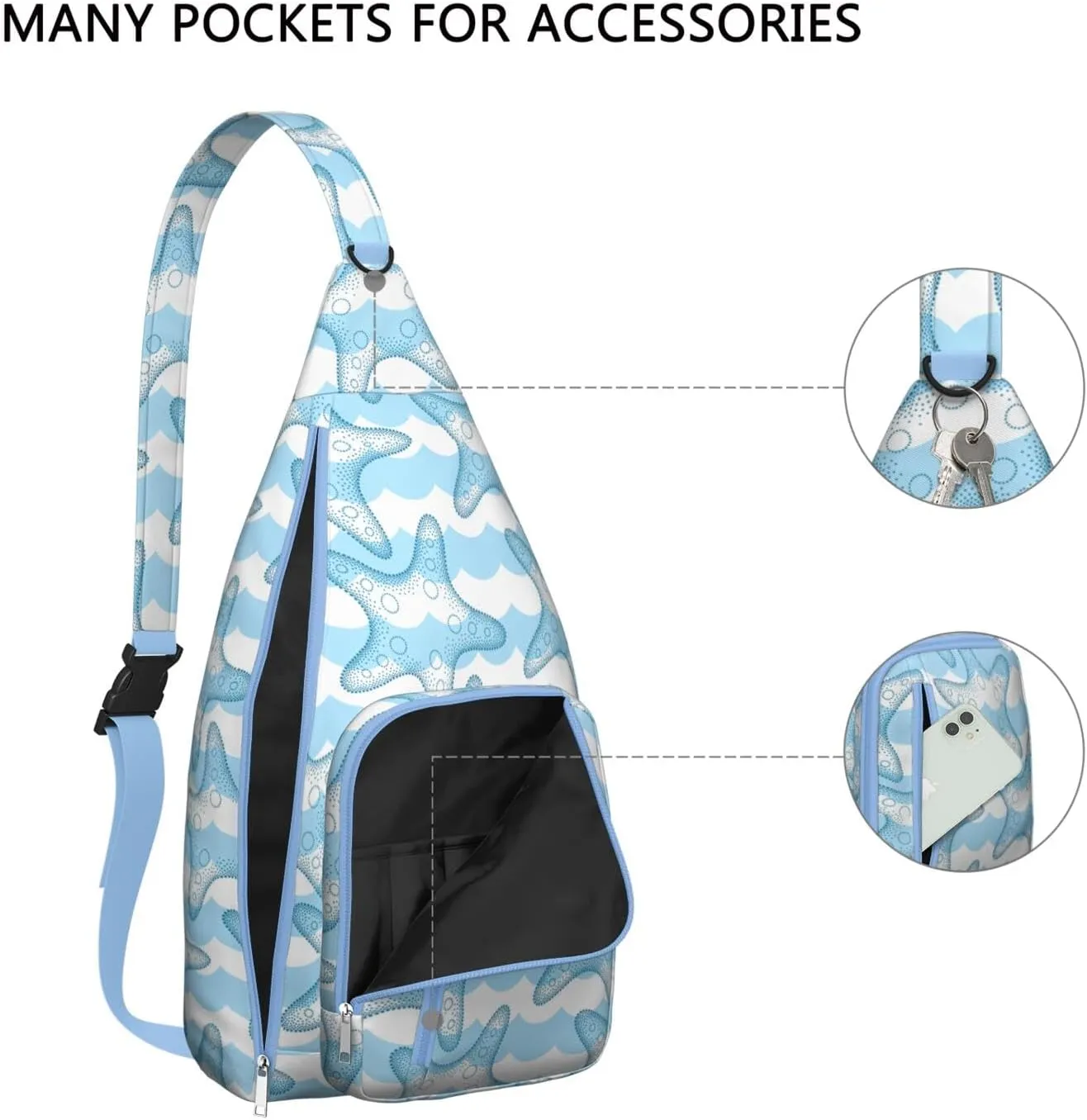 Waterproof Crossbody Bag for Women & Men - Starfish & Seashell Beach Sling Bag Backpack Summer Travel Hiking Daypack Sports