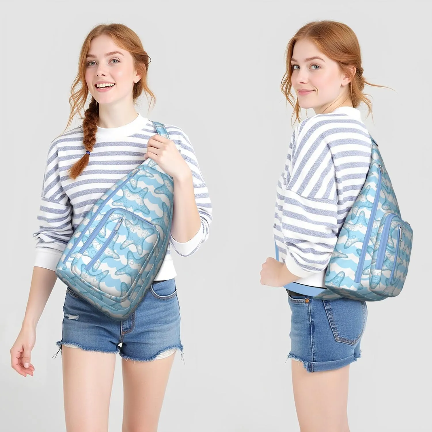 Waterproof Crossbody Bag for Women & Men - Starfish & Seashell Beach Sling Bag Backpack Summer Travel Hiking Daypack Sports