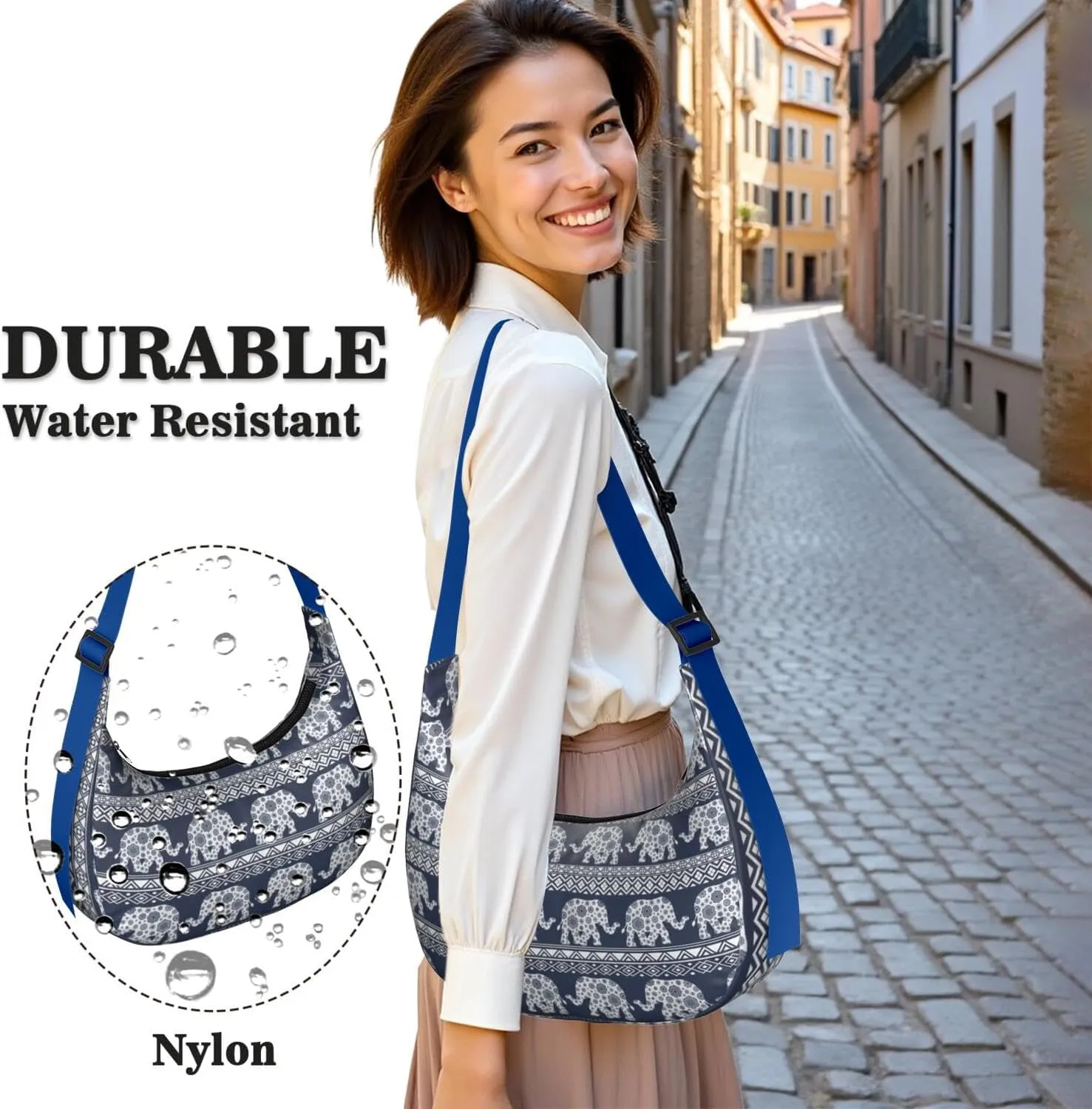 Waterproof Nylon Crescent Sling Crossbody Bag Casual Boho Elephant Shoulder Bag with Adjustable Strap for Work Travel