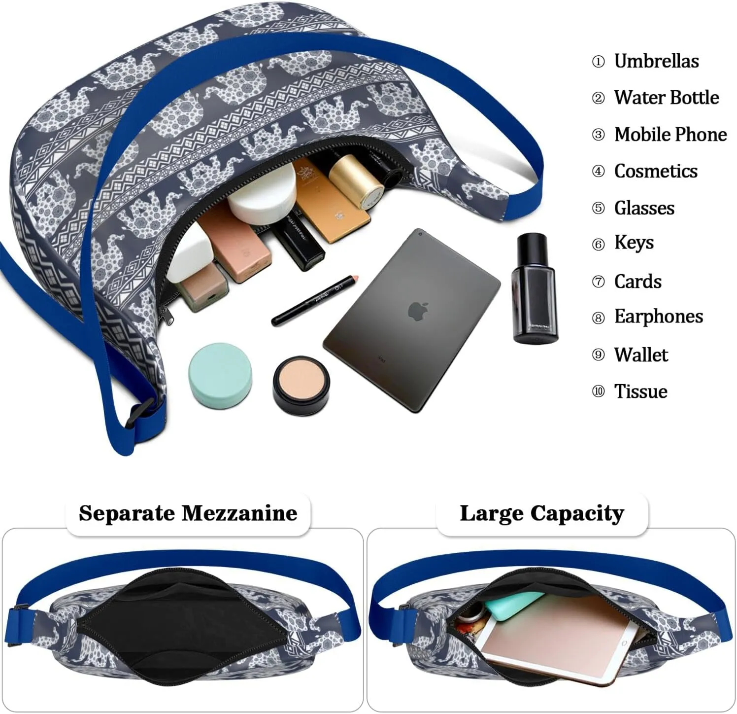 Waterproof Nylon Crescent Sling Crossbody Bag Casual Boho Elephant Shoulder Bag with Adjustable Strap for Work Travel