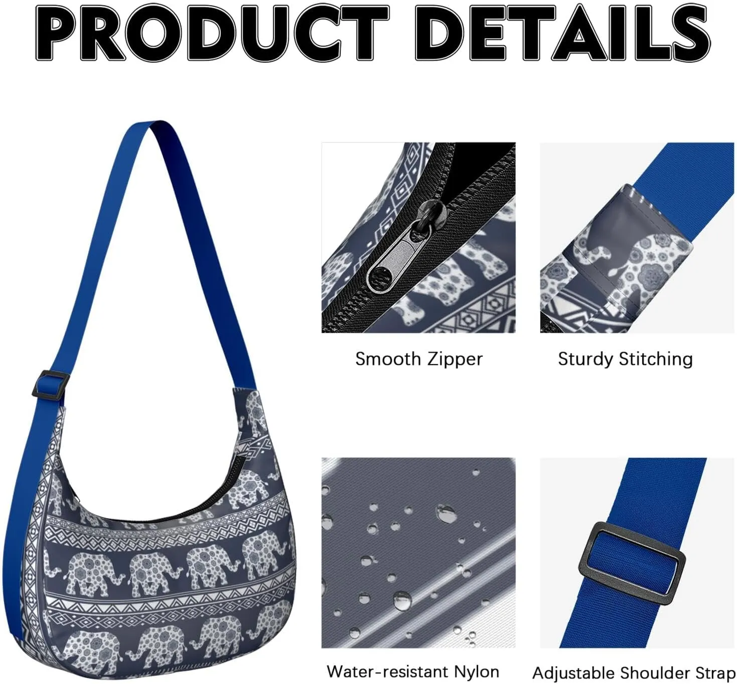 Waterproof Nylon Crescent Sling Crossbody Bag Casual Boho Elephant Shoulder Bag with Adjustable Strap for Work Travel