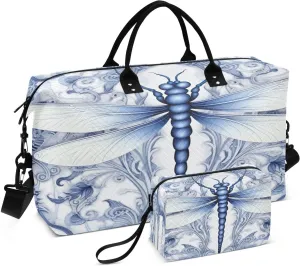 Weekender Bags for Women,Foldable Indigo Dragonfly Travel Duffel Bag with Trolley Sleeve Travel Tote Gym Bag with Toiletry Bag