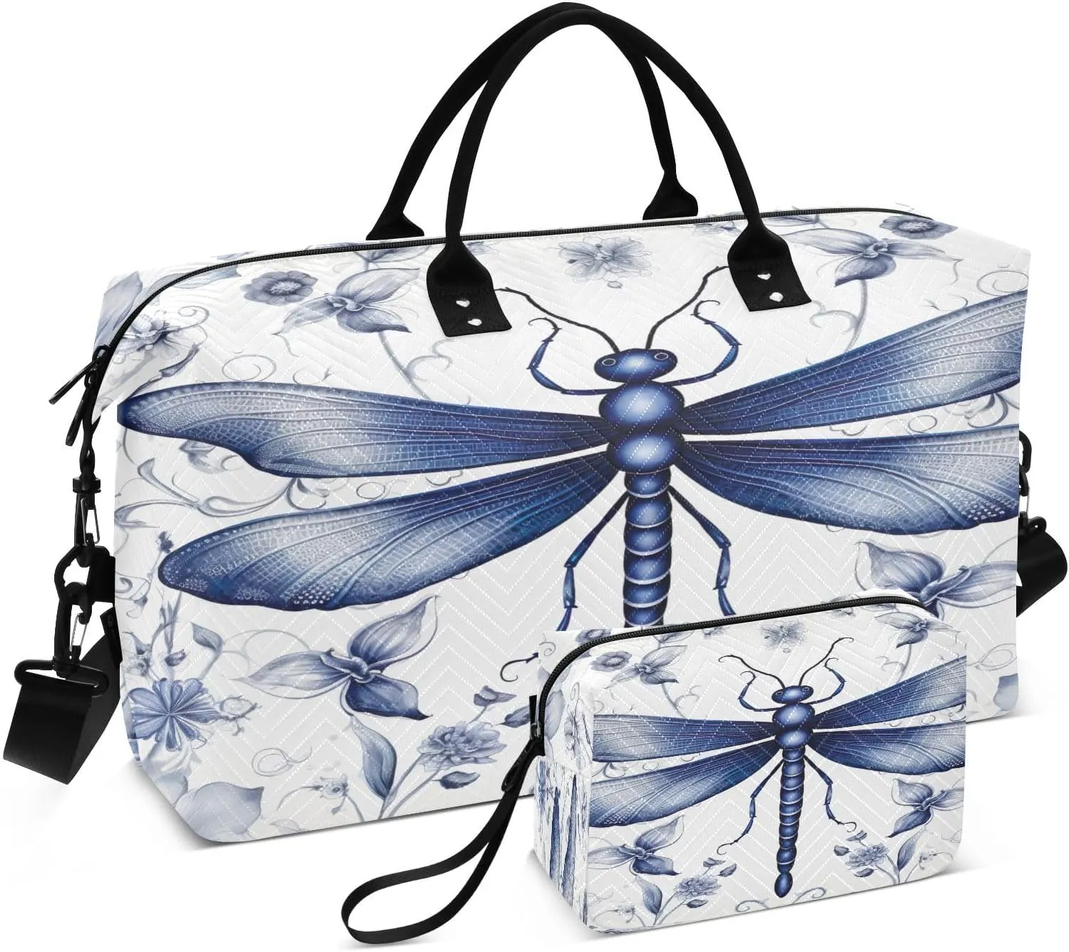 Weekender Bags for Women,Foldable Indigo Dragonfly Travel Duffel Bag with Trolley Sleeve Travel Tote Gym Bag with Toiletry Bag
