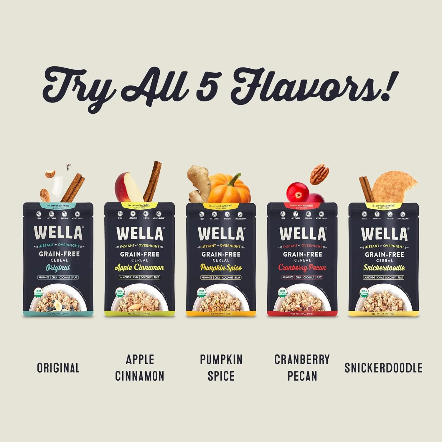 Wella Hot Cereal Oatmeal Alternative, Gluten-Free Breakfast, Grain-Free Paleo Organic Vegan, Protein, Fiber, Variety Pack (5 Count, 1.6 oz. Packets)