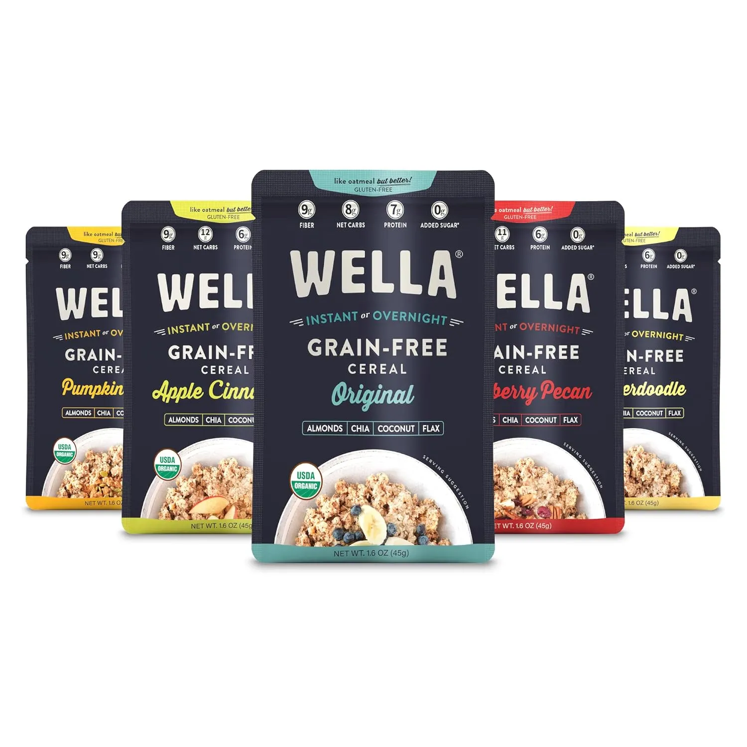 Wella Hot Cereal Oatmeal Alternative, Gluten-Free Breakfast, Grain-Free Paleo Organic Vegan, Protein, Fiber, Variety Pack (5 Count, 1.6 oz. Packets)