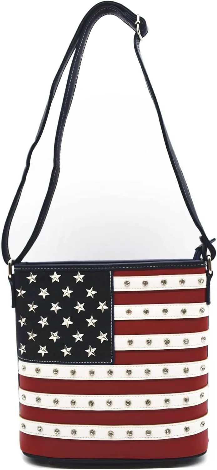 WESTERN ORIGIN American Flag Stars and Stripes Studs Crossbody Handbag USA Patriotic Women Purse Leather Single Shoulder Bag