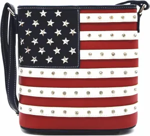 WESTERN ORIGIN American Flag Stars and Stripes Studs Crossbody Handbag USA Patriotic Women Purse Leather Single Shoulder Bag