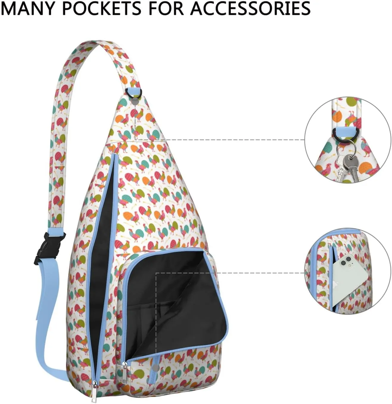White Lucky Rooster Life Crossbody Bag Daypack for Women Men Lightweight Waterproof Sling Bag Backpack Hiking Cycling