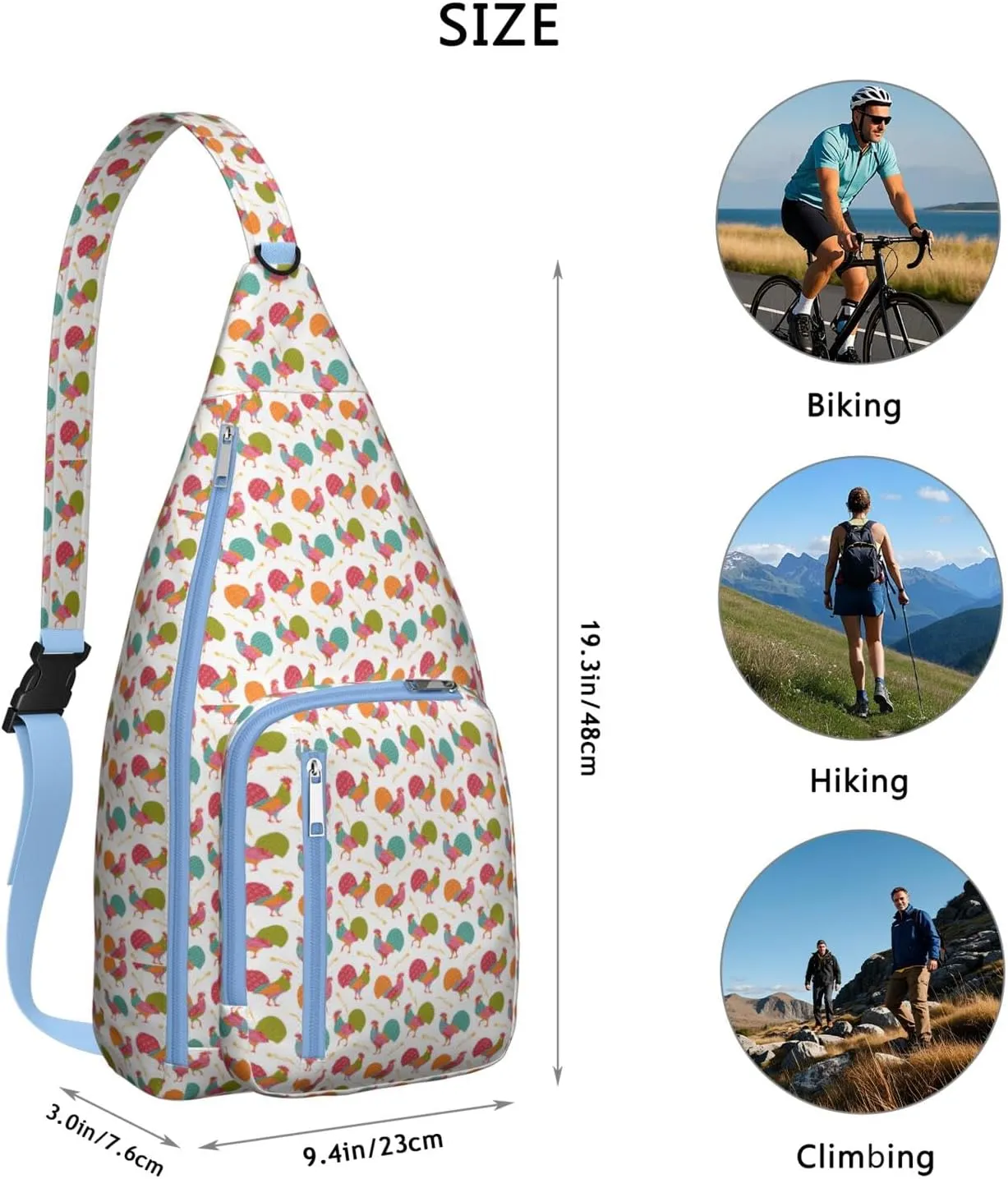 White Lucky Rooster Life Crossbody Bag Daypack for Women Men Lightweight Waterproof Sling Bag Backpack Hiking Cycling
