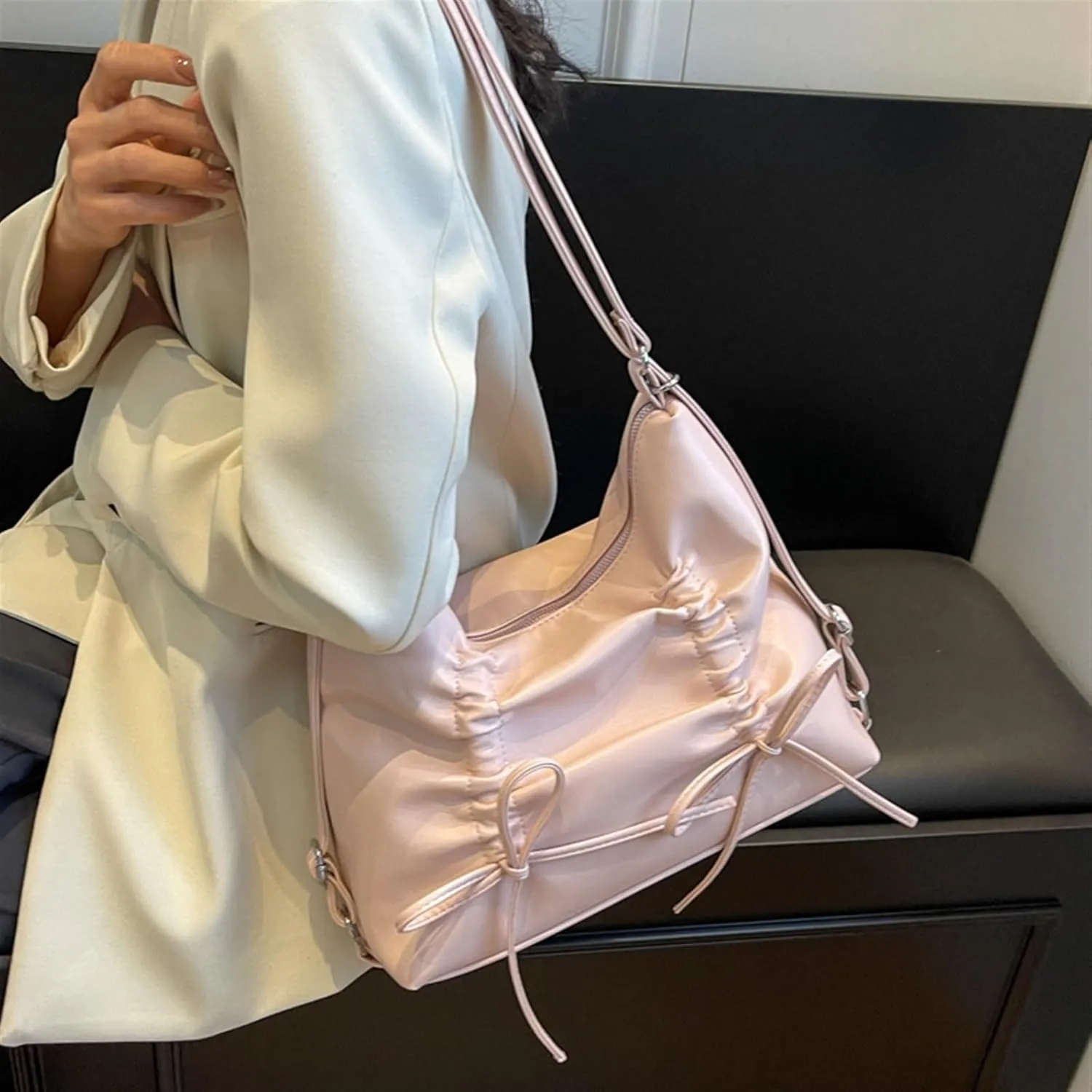 Women bow Double Shoulder Strap pu Leather Shoulder Bags Zipper Closure Closur Handbag Crossbody