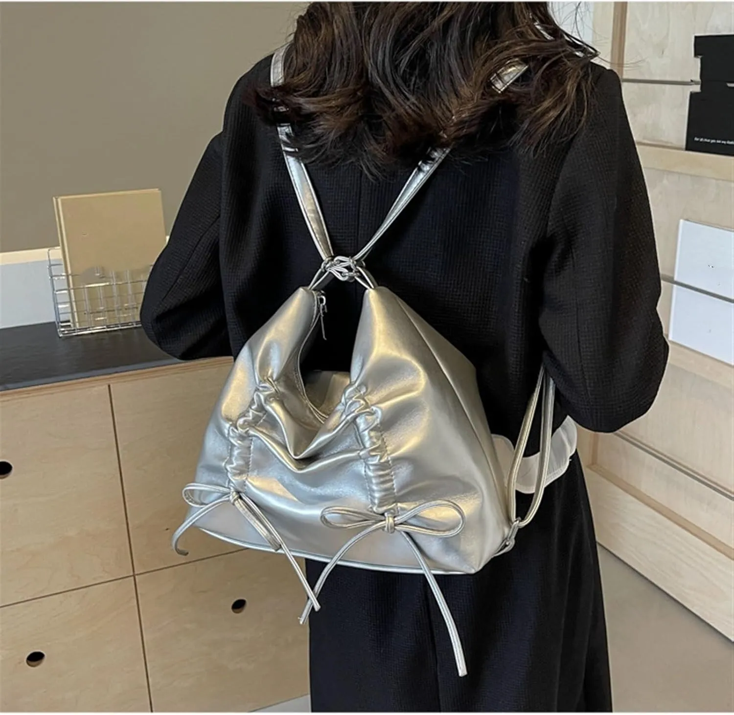 Women bow Double Shoulder Strap pu Leather Shoulder Bags Zipper Closure Closur Handbag Crossbody