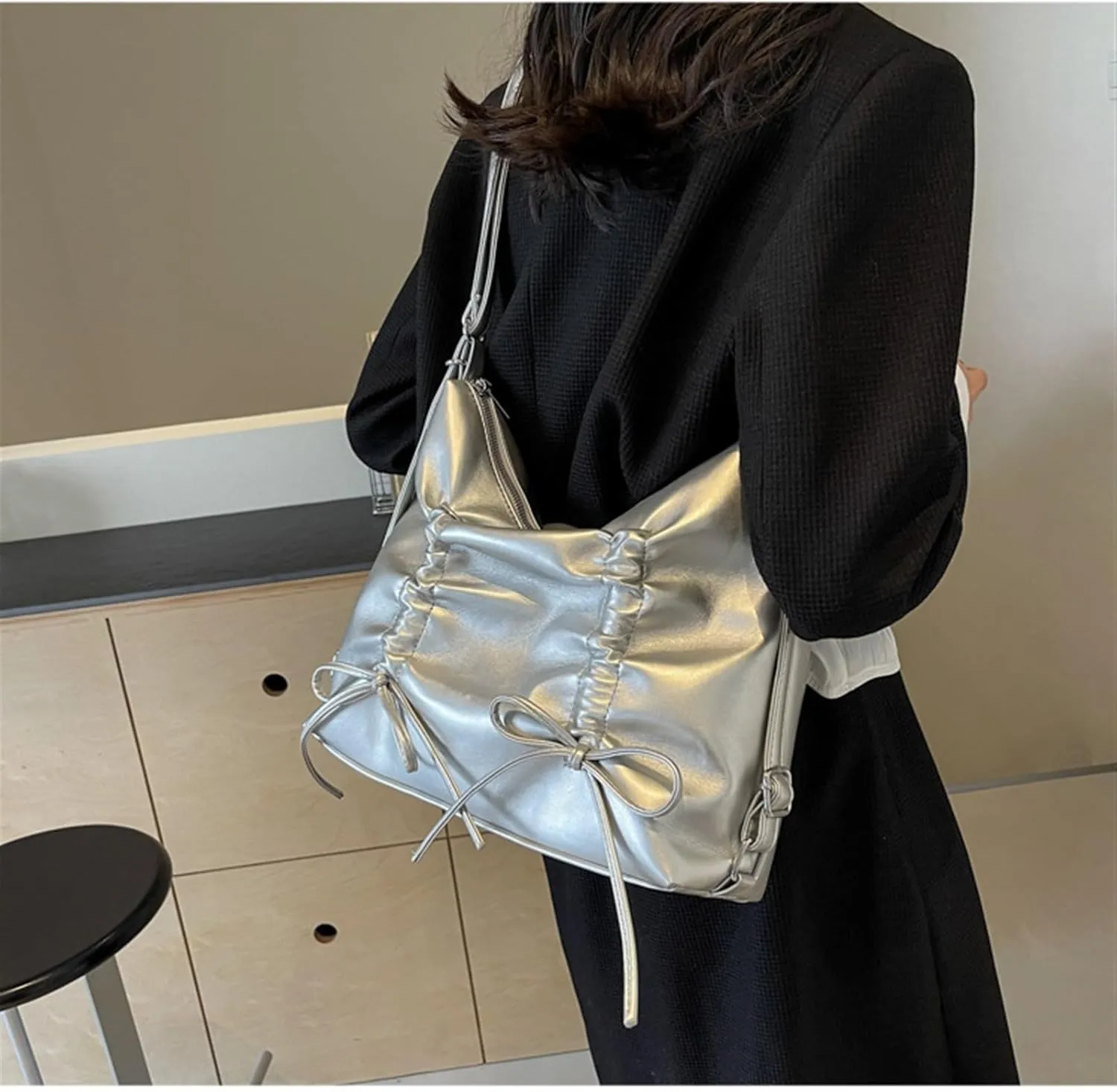 Women bow Double Shoulder Strap pu Leather Shoulder Bags Zipper Closure Closur Handbag Crossbody