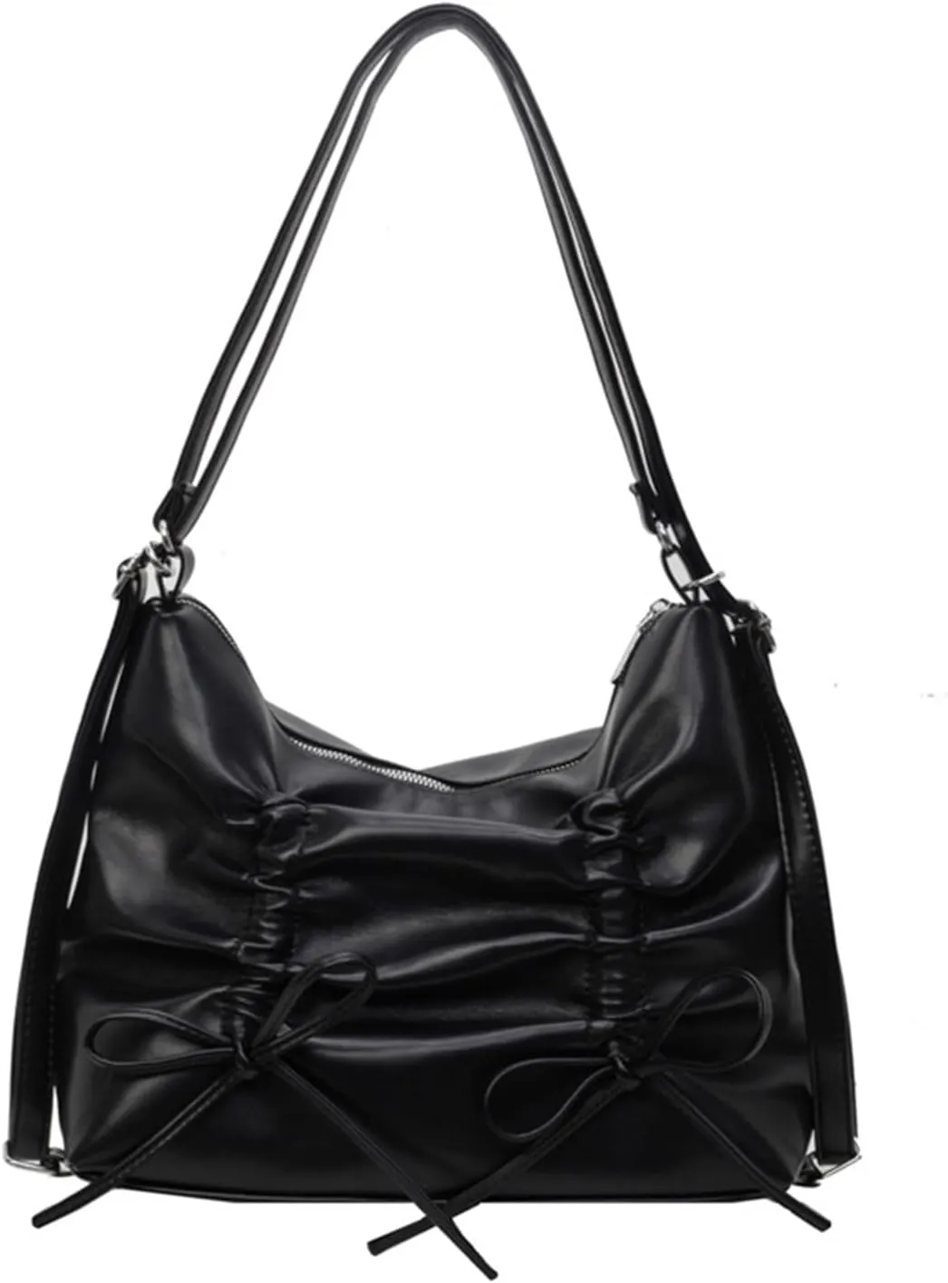 Women bow Double Shoulder Strap pu Leather Shoulder Bags Zipper Closure Closur Handbag Crossbody